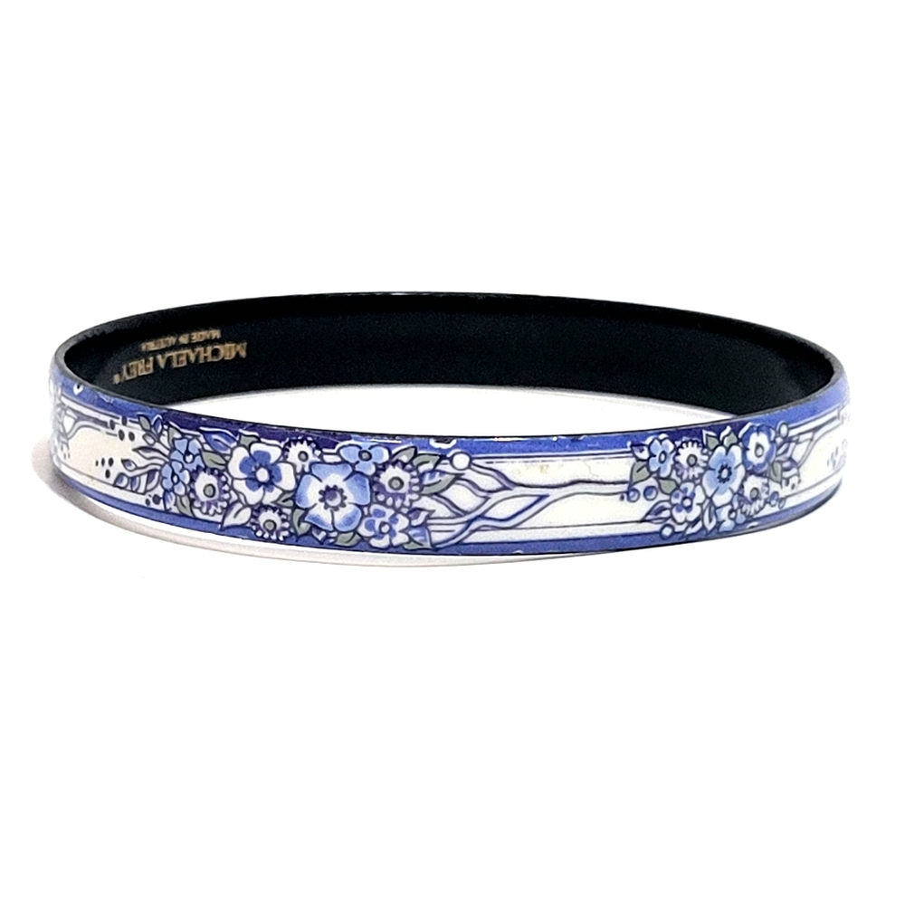 Vintage Michaela Frey Blue Enamel Bangle Bracelet Austria Signed Floral Design